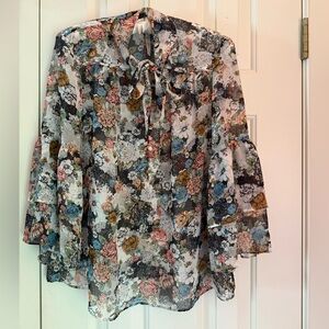 🦋Lauren Conrad Floral Sheer Top blue green peach rust gray off-white small EUC